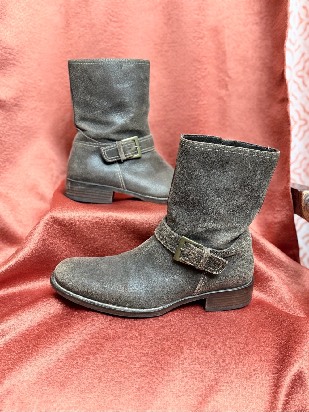 Cole Haan Distressed Moto Biker Mid-Calf Buckle Boots